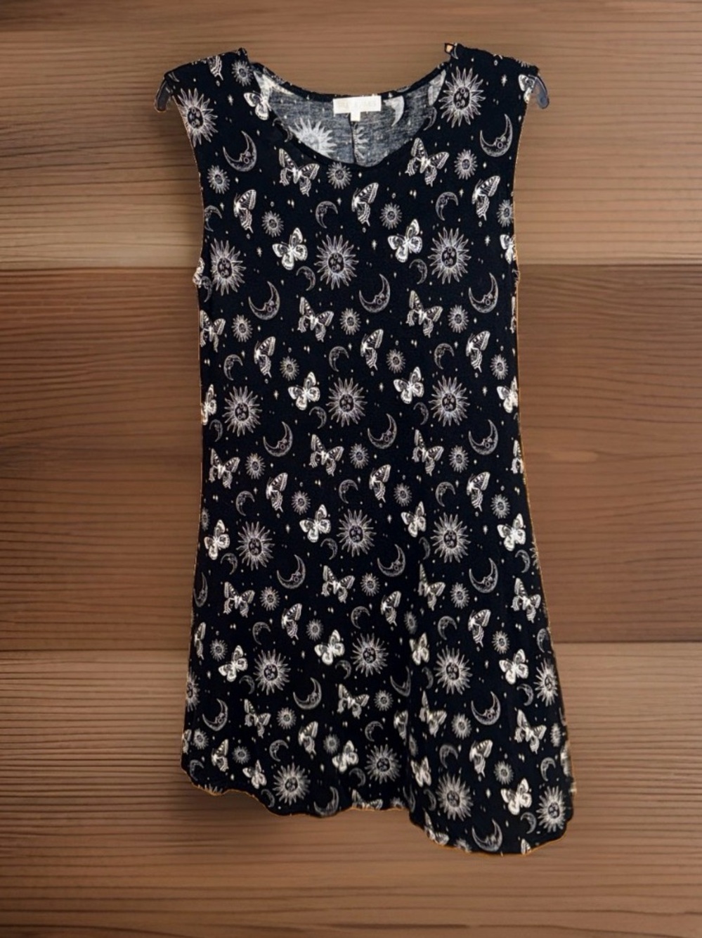 R + J Sleeveless Black Midi Dress with Moon, Sun & Butterfly Print-L-EC